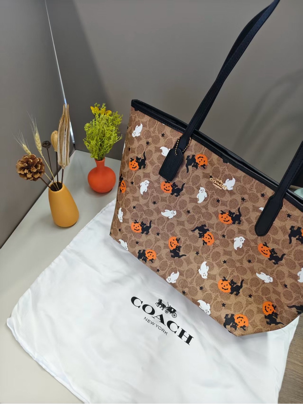 🎃🎃Coach City Tote In Signature Canvas With Halloween Print CW450